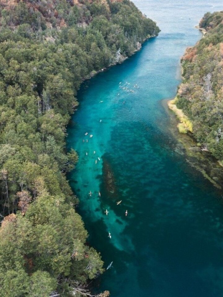 Vista aérea de kayakistas remando por el río Arrayanes, de aguas turquesa entre bosques, durante la Bajada de los Lagos en el Parque Nacional Los Alerces