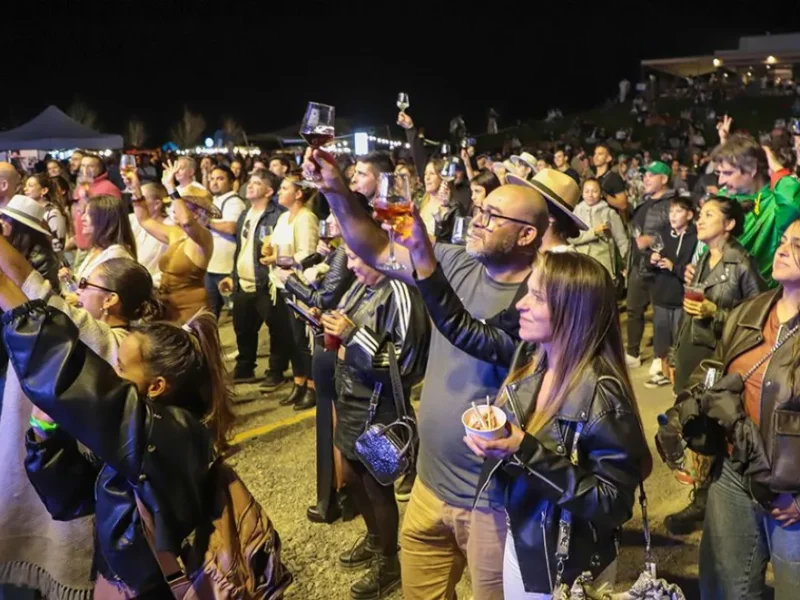 Público brindando con copas de vino en un festival al aire libre en Neuquén