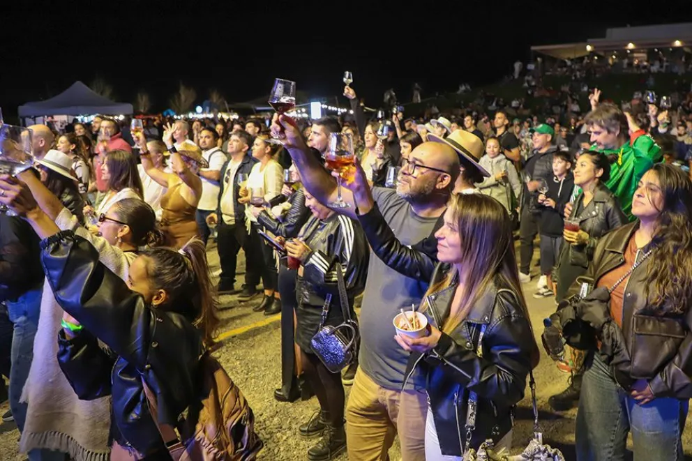 Público brindando con copas de vino en un festival al aire libre en Neuquén