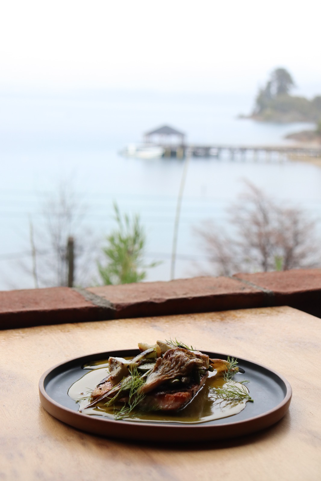 Plato de trucha con hierbas en una mesa de madera de Borravino, con el lago Aluminé y un muelle de fondo en Villa Pehuenia
