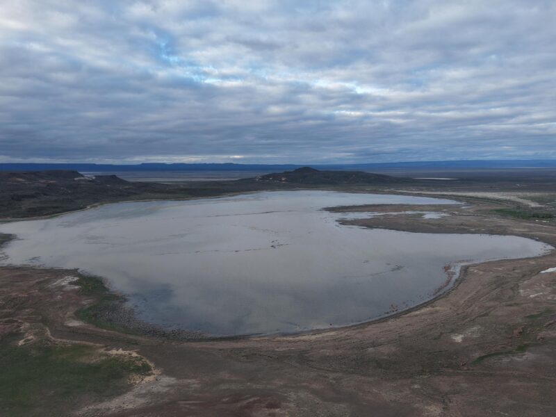 Vista aérea de la laguna Carrilaufquen otra vez con agua, rodeada de la estepa y las mesetas de la Región Sur de Río Negro, cerca de Ingeniero Jacobacci