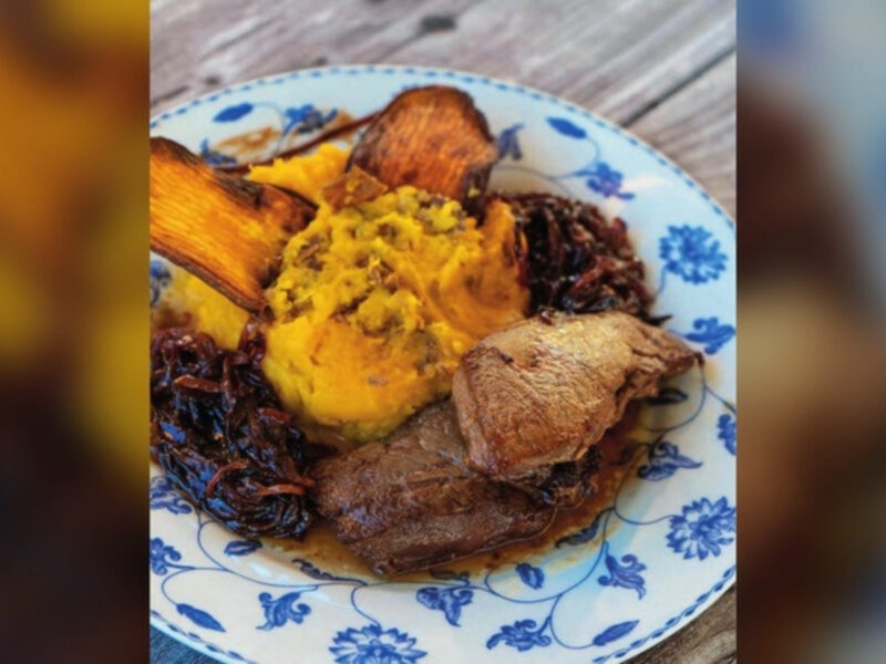 Medallones de lomo de guanaco con puré de batata, chips de batata y cebolla caramelizada al Malbec