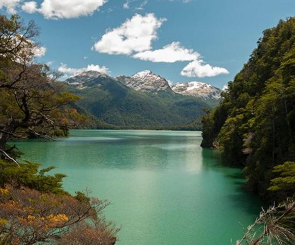 Lago rodeado de bosque andino y cumbres nevadas en el Parque Nacional Los Alerces
