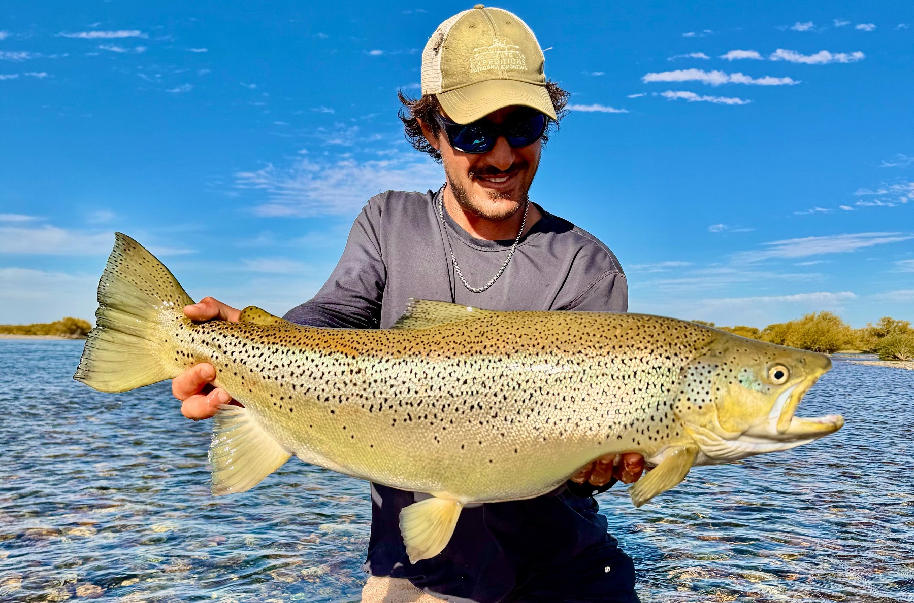 Pescador con una gran trucha marrón migratoria capturada y devuelta en el río Limay Medio
